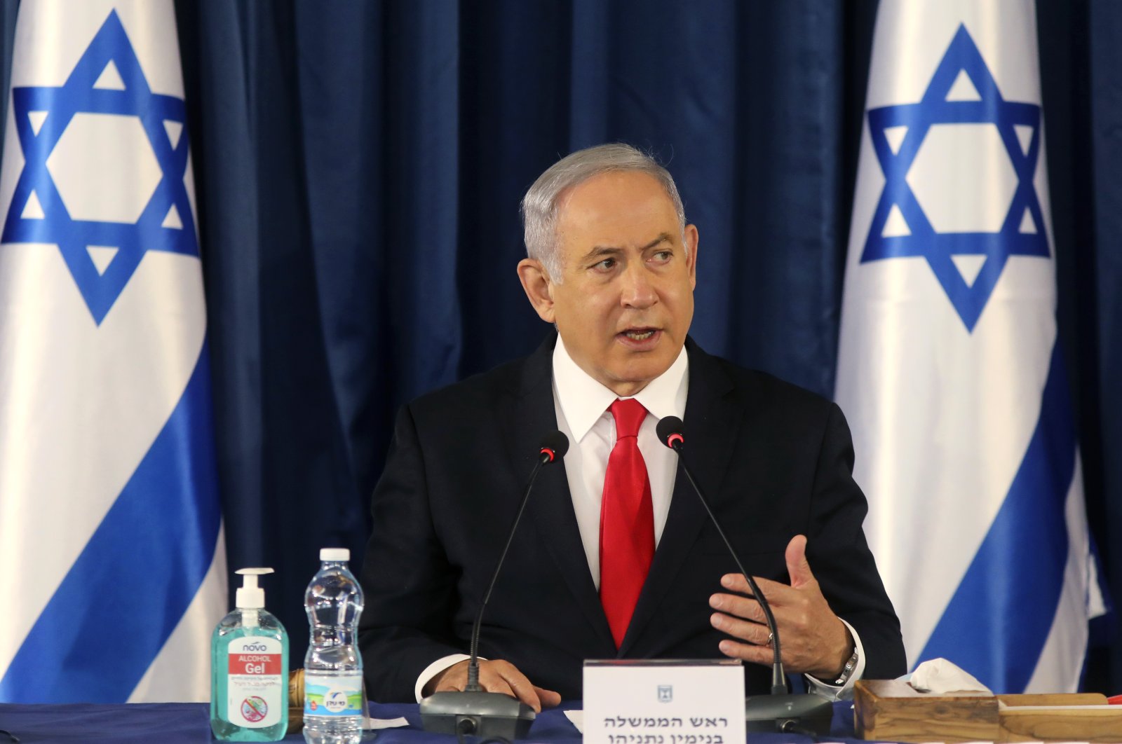 Israeli Prime Minister Benjamin Netanyahu chairs the weekly Cabinet meeting, Jerusalem, June 7, 2020. (AP Photo)
