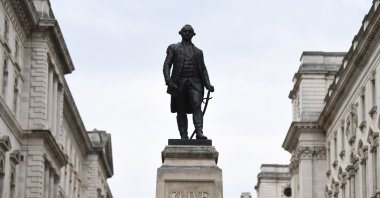 A statue of Robert Clive is displayed in Whitehall in London, Britain, on 10 June 2020. Clive was the Governor of Bengal and helped the British Empire gain control of large areas of India. (EPA Photo)