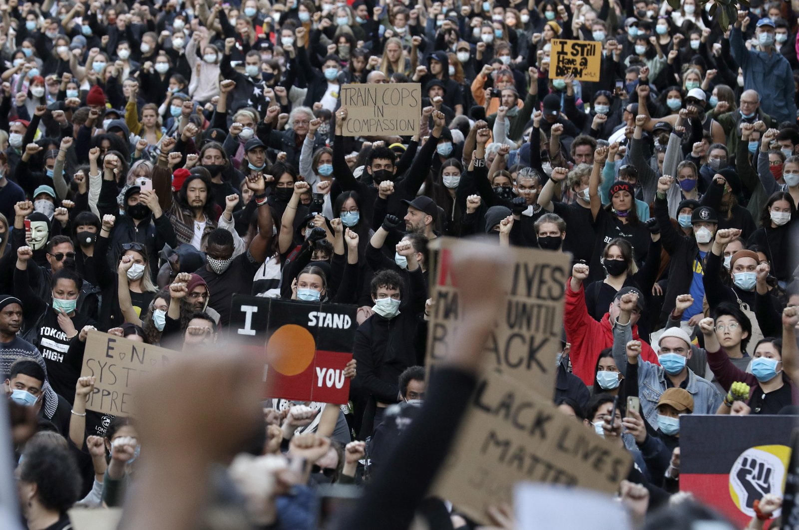 Protesters gather in Sydney, Saturday, June 6, 2020, to support the cause of U.S. protests over the death of George Floyd. (AP Photo)