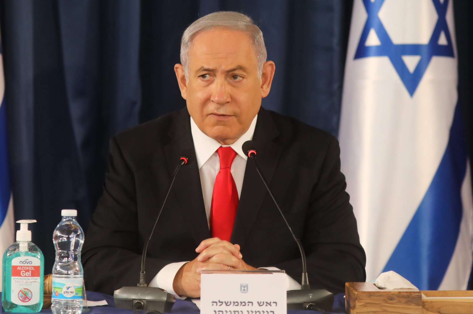 Israeli Prime Minister Benjamin Netanyahu chairs the weekly Cabinet meeting in Jerusalem, June 7, 2020. (AFP Photo)