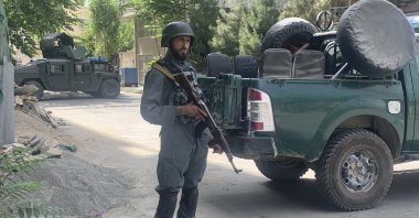 Afghan police arrive at the site of an explosion at a mosque, Friday, June 12, 2020, in Kabul, Afghanistan.(AP Photo)