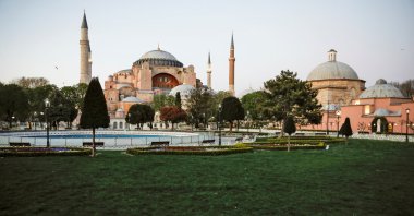 A wide shot of a deserted Sultanahmet Square with the Byzantine-era monument of Hagia Sophia in the background on the first day of the holy month of Ramadan during a four-day curfew imposed to prevent the spread of the coronavirus, Istanbul, Turkey, April 24, 2020. (Reuters Photo)
