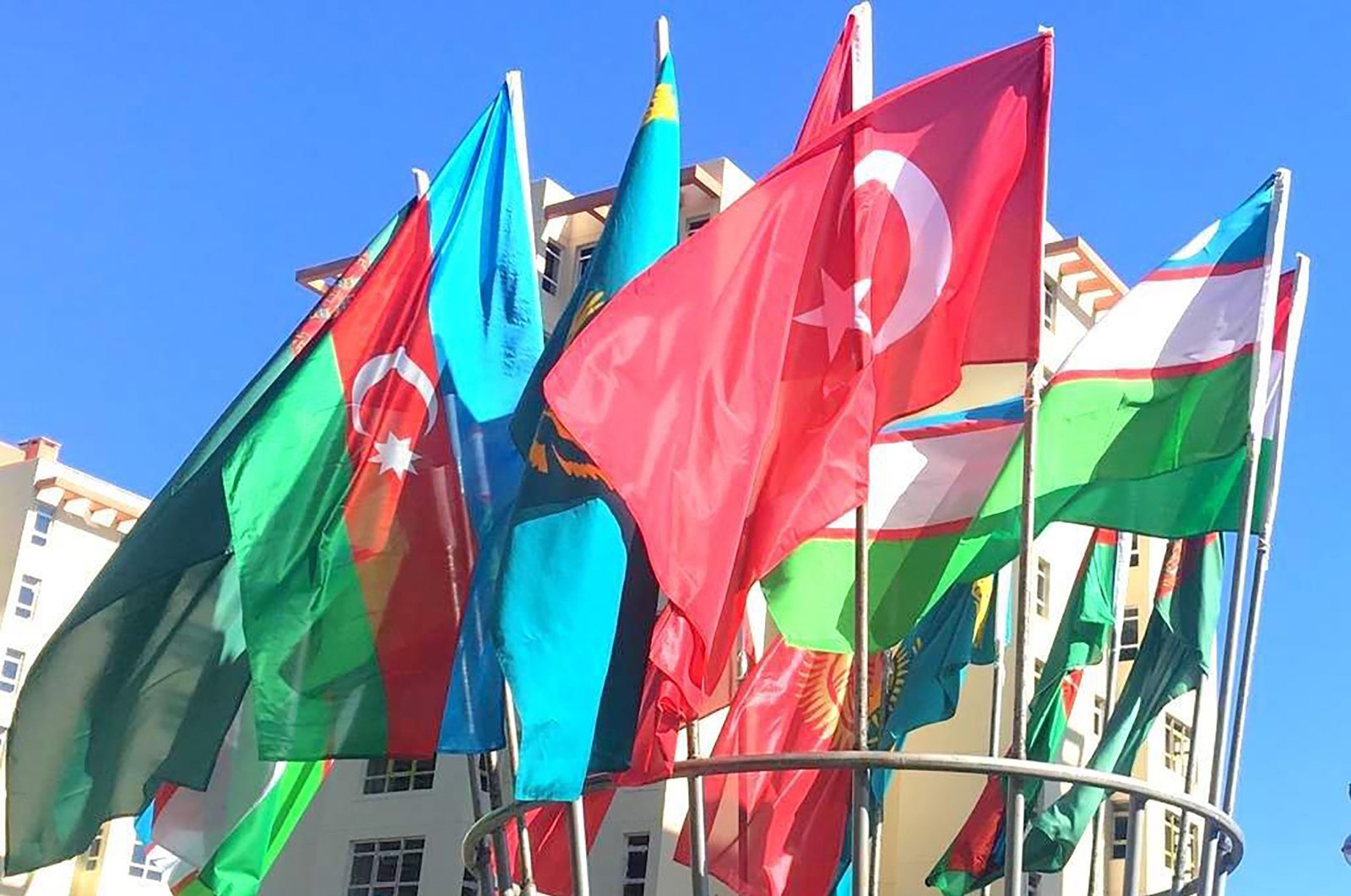 Flags of the countries participated in a Turkic Council meeting seen in Baku, Azerbaijan in this undated file photo. 