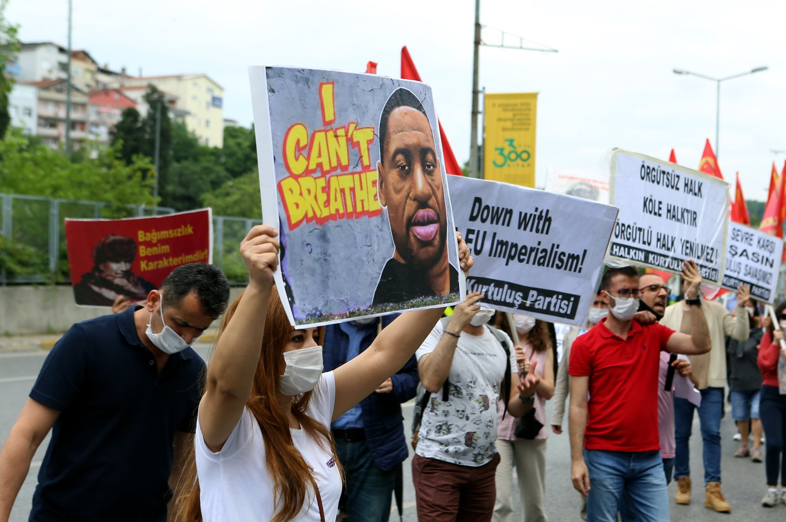 Protesters decry the killing of George Floyd outside the U.S. Consulate General in Istanbul, Turkey, June 14, 2020. (AA Photo)
