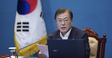 South Korean President Moon Jae-in speaks during a meeting with top presidential advisers at the presidential Blue House in Seoul, South Korea, Monday, June 15, 2020. (AP Photo)