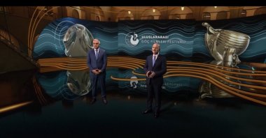 Still shot from the opening ceremony featuring Interior Minister Süleyman Soylu (R) and Culture and Tourism Minister Mehmet Nuri Ersoy.