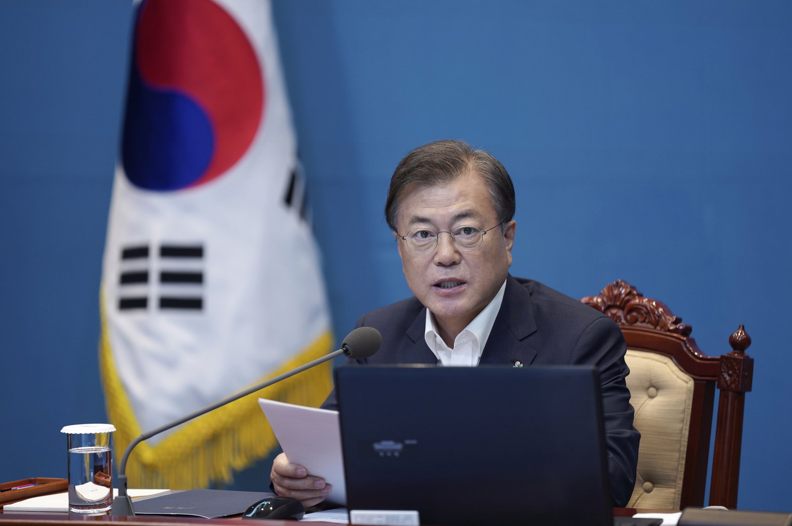 South Korean President Moon Jae-in speaks during a meeting with top presidential advisers at the presidential Blue House in Seoul, South Korea, Monday, June 15, 2020. (AP Photo)