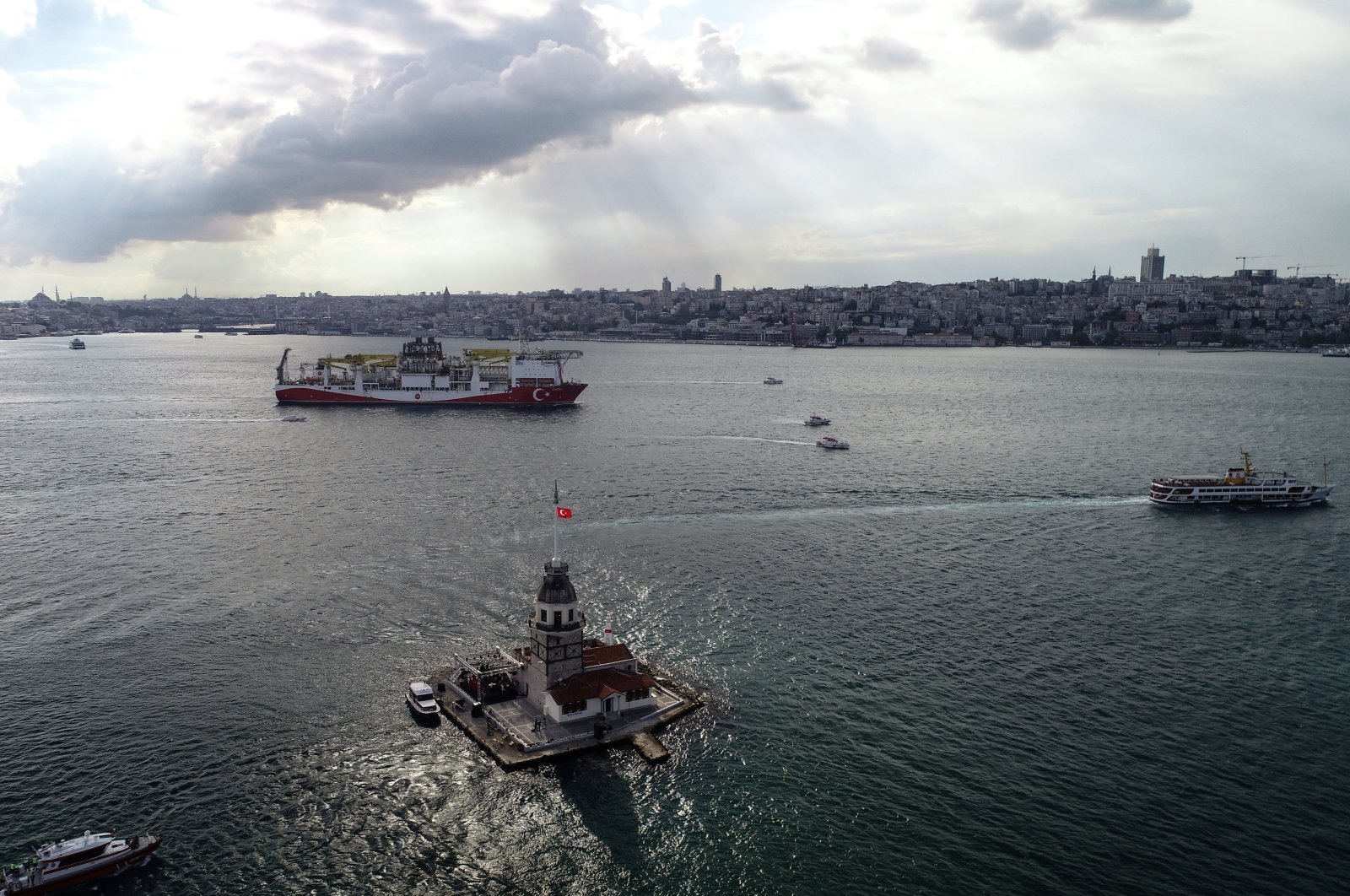 Turkey's drilling vessel, Fatih, sails through the Bosporus as it leaves for the Black Sea, Istanbul, Turkey, May 29, 2020. (Reuters Photo)