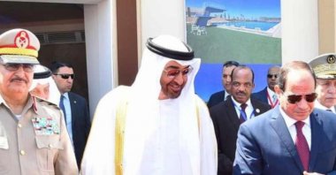 In this July 22, 2017, file photo, Egyptian President Abdel-Fattah el-Sissi (R), Crown Prince of Abu Dhabi Mohammed bin Zayed (C) and Libyan warlord Khalifa Haftar (L) attend the opening of the Mohamed Najib Military Base, El Hammam, Marsa Matrouh, Egypt. (The Egyptian Presidency / Reuters)