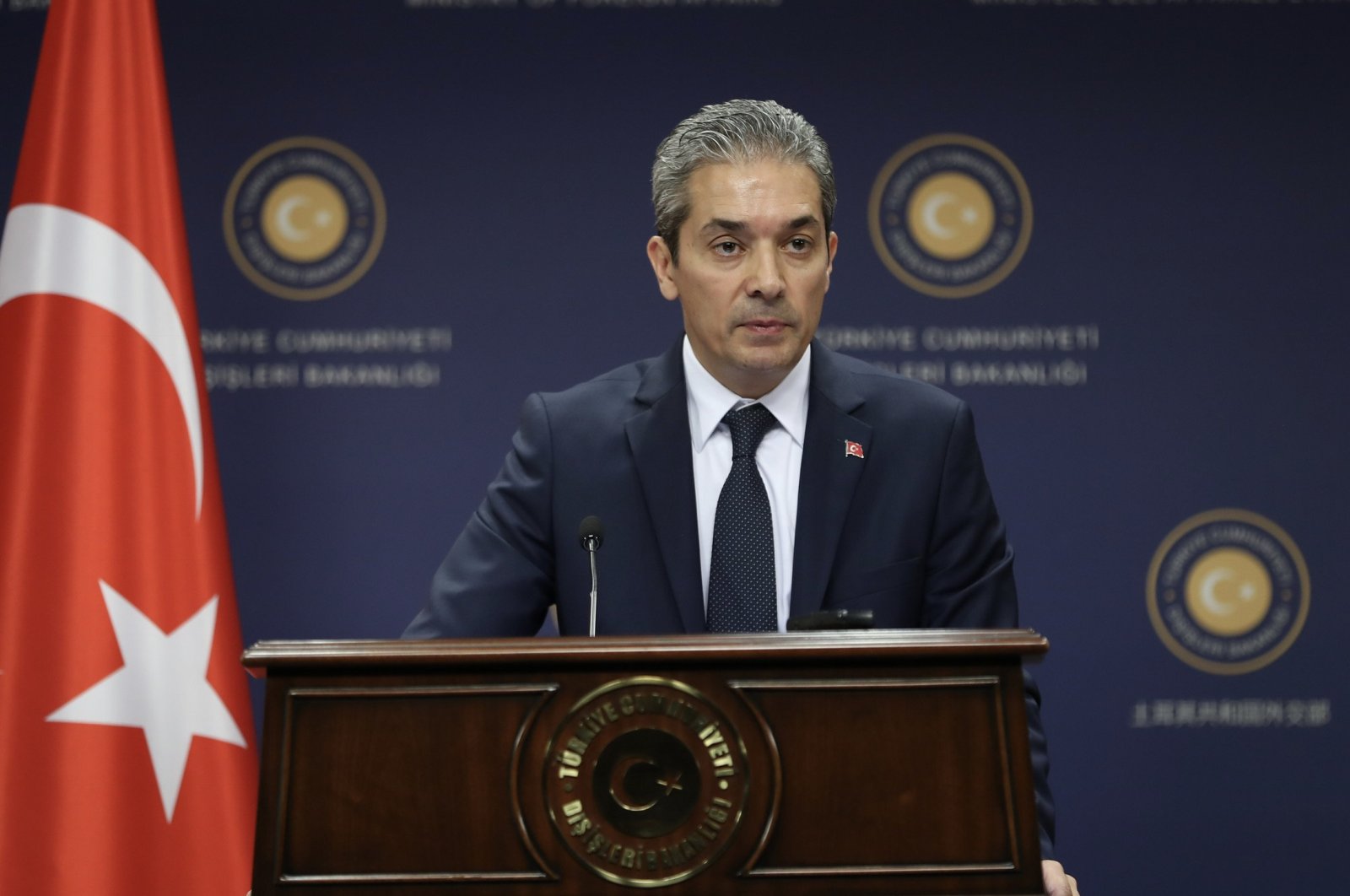 Foreign Ministry Spokesman Hami Aksoy speaks to reporters at a news conference in Ankara on May 28, 2020 (AA File Photo)