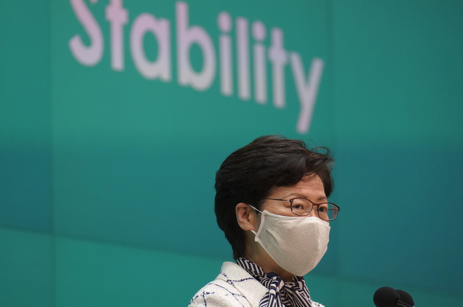 Hong Kong Chief Executive Carrie Lam listens to reporters' questions during a press conference. Hong Kong, June 16, 2020. (AP Photo)