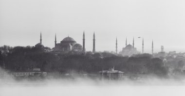 Vintage photograph shows the Hagia Sophia and Blue Mosque in Istanbul on a foggy day. (iStock Photo)