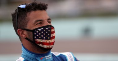 Bubba Wallace stands on the grid prior to a race in Homestead, Florida, June 14, 2020. (AFP Photo)