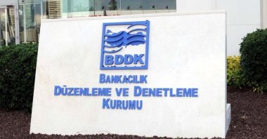 The Banking Regulation and Supervision Agency's (BDDK) logo is seen in front of its headquarters in Istanbul, Turkey, in this undated photo.