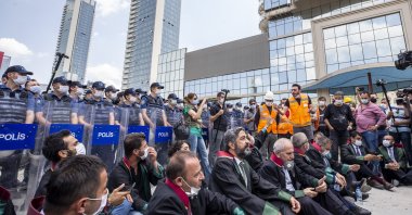 The heads of multiple bar associations stage a sit-in protest as security forces prevent them from entering the capital province of Ankara, Turkey, June 22, 2020. (AA)