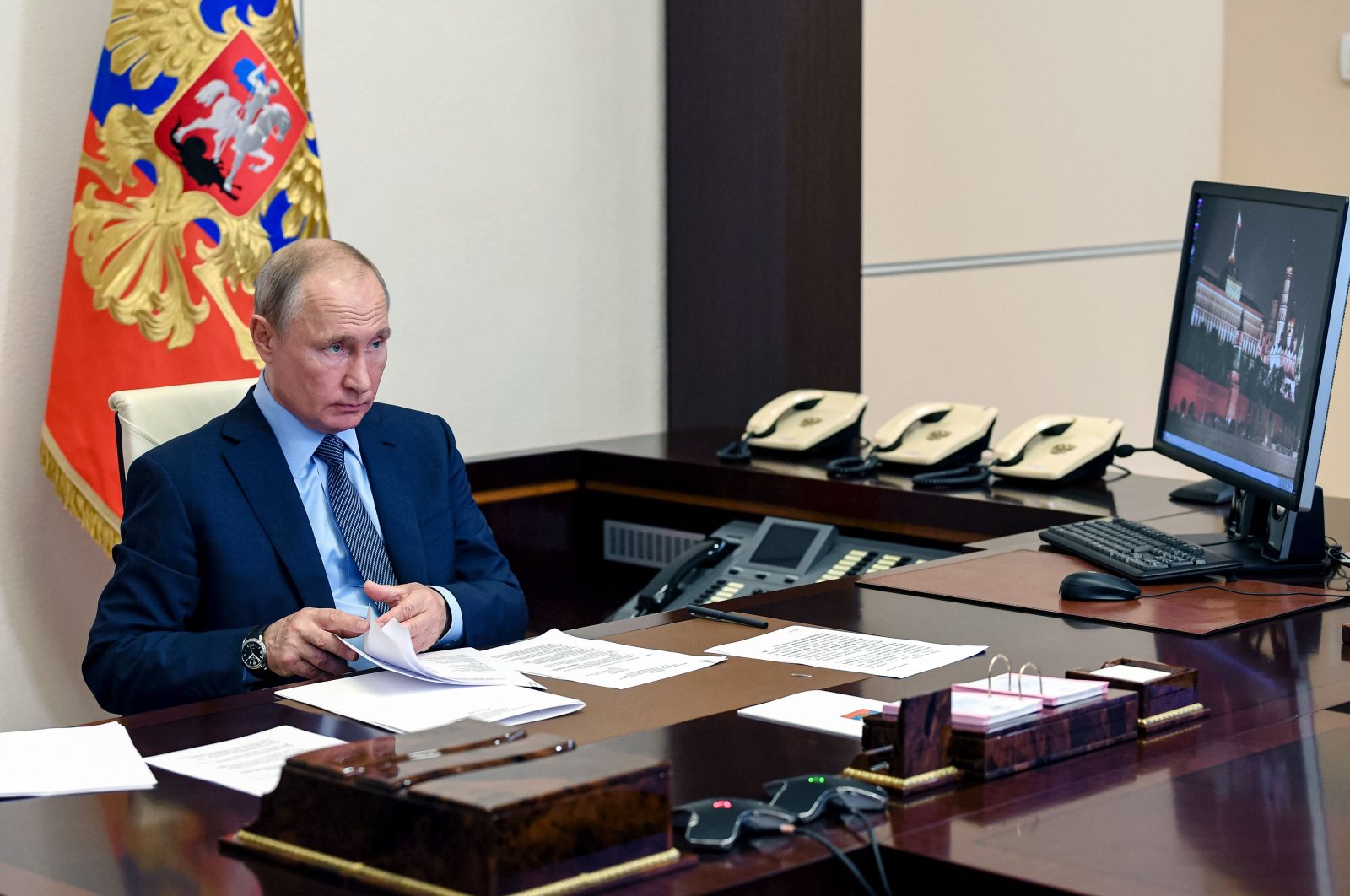 Russian President Vladimir Putin attends a meeting with health workers via videoconference at the Novo-Ogaryovo state residence outside Moscow, Russia, June 20, 2020. (AFP Photo)