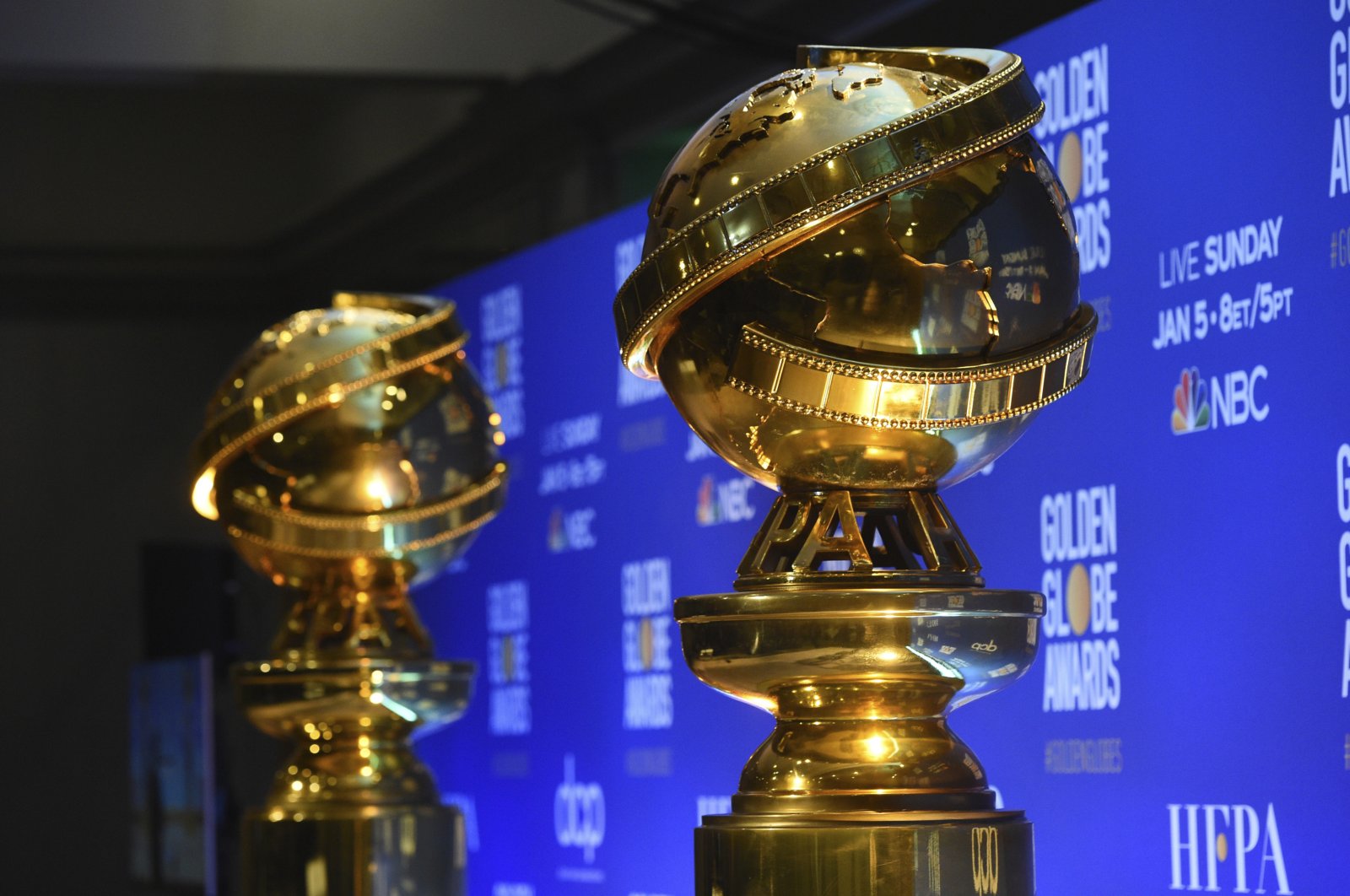 Replicas of Golden Globe statues at the nominations for the 77th annual Golden Globe Awards in Beverly Hills, Calif., U.S. on Dec. 9, 2019. (AP Photo)