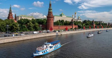 Tourist boat parade on the Moskva river to mark the beginning of the navigation season in the Russian capital, which was postponed due to the coronavirus pandemic, on June 23, 2020. (AFP Photo)