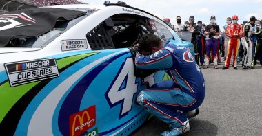 Driver Bubba Wallace overcome with emotion prior to the start of the NASCAR Cup Series auto race in Talladega Alabama, U.S., June 22, 2020. (AFP Photo)