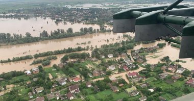 An aerial view shows flooded residential buildings in Ivano-Frankivsk region, Ukraine, June 24, 2020. (Reuters Photo)