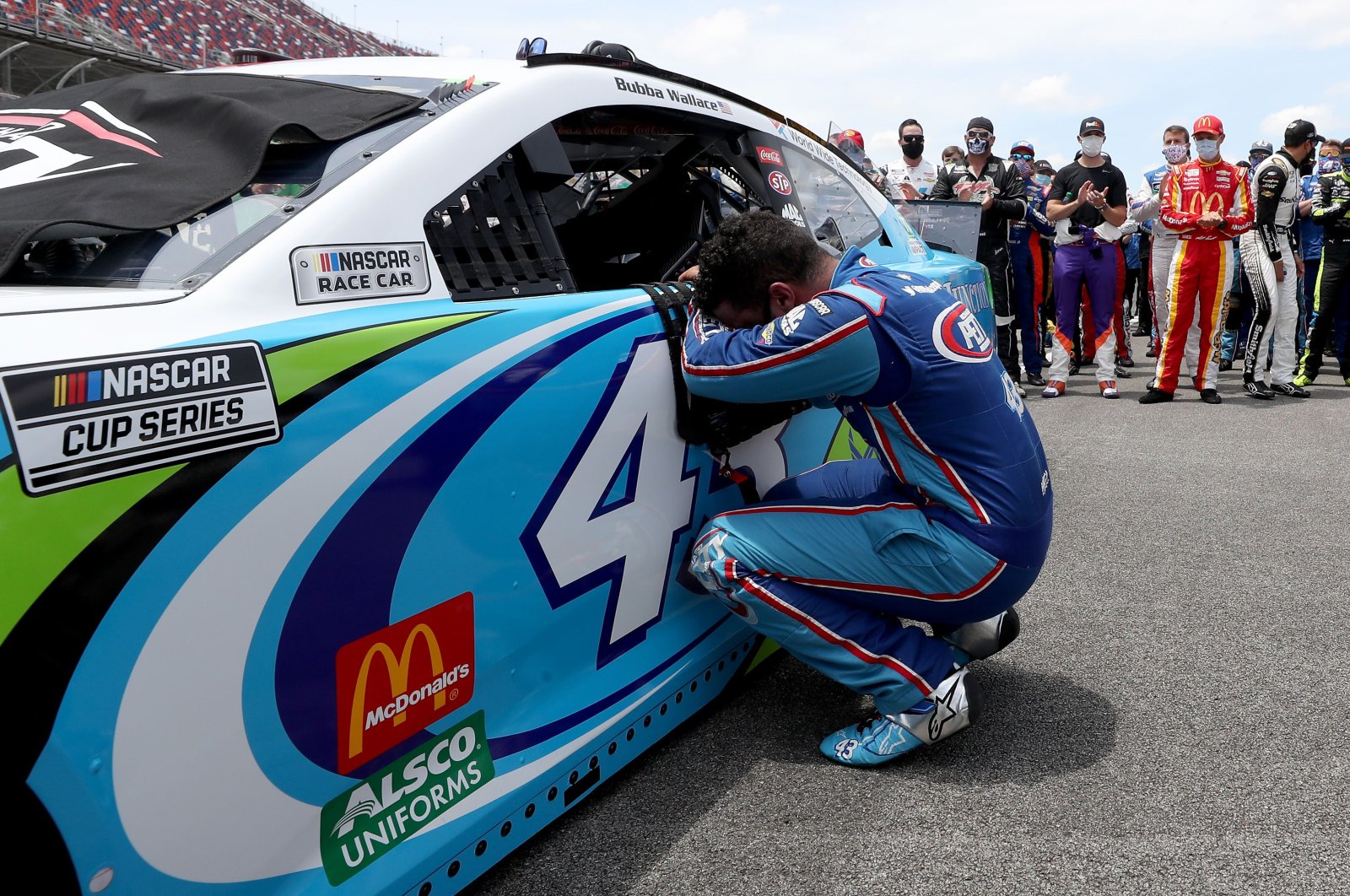 Driver Bubba Wallace overcome with emotion prior to the start of the NASCAR Cup Series auto race in Talladega Alabama, U.S., June 22, 2020. (AFP Photo)