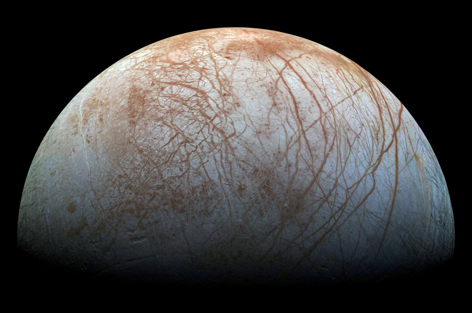 A view of Jupiter's moon Europa created from images taken by NASA's Galileo spacecraft in the late 1990s, obtained by Reuters, May 14, 2018. (NASA / JPL-Caltech / SETI Institute / Handout via Reuters)