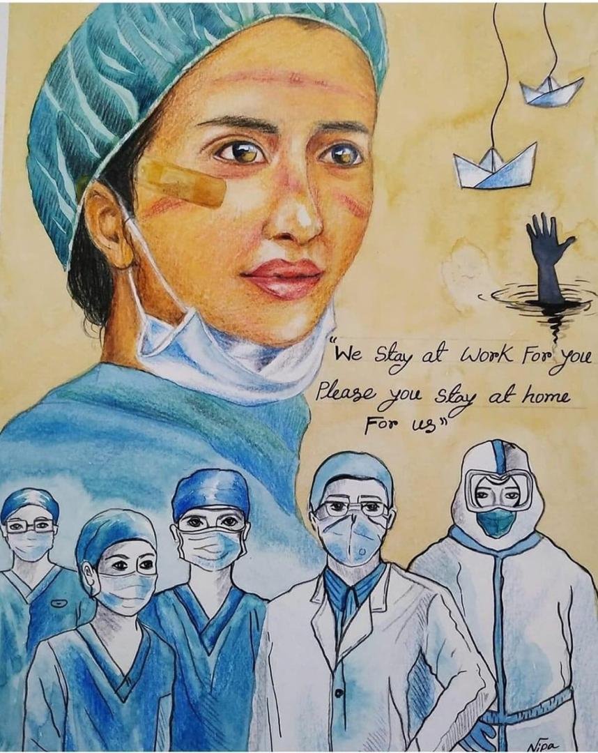 A work by Nujuum Hashi Ahmed depicts doctors fighting against the virus. (AA PHOTO)