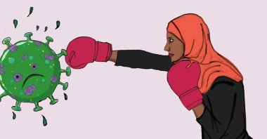 A drawing by Nujuum Hashi Ahmed shows her punching the coronavirus. (AA PHOTO)