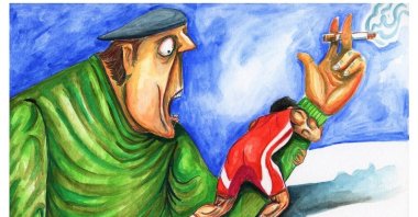 This file photo shows a caricature villainizing cigarette use, presented in the 4th International Green Crescent Caricature Competition, Jan. 18, 2020. (Sabah File Photo)