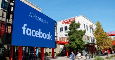 A giant digital sign is seen at Facebook's corporate headquarters campus in California, U.S., Oct. 23, 2019. (AFP Photo)