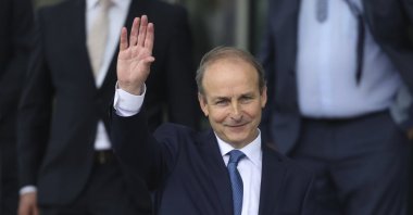 Fianna Fail party leader Micheal Martin leaves the Dail government in Dublin, where he has been officially elected as the new Irish Premier, June 27, 2020. (AP Photo)