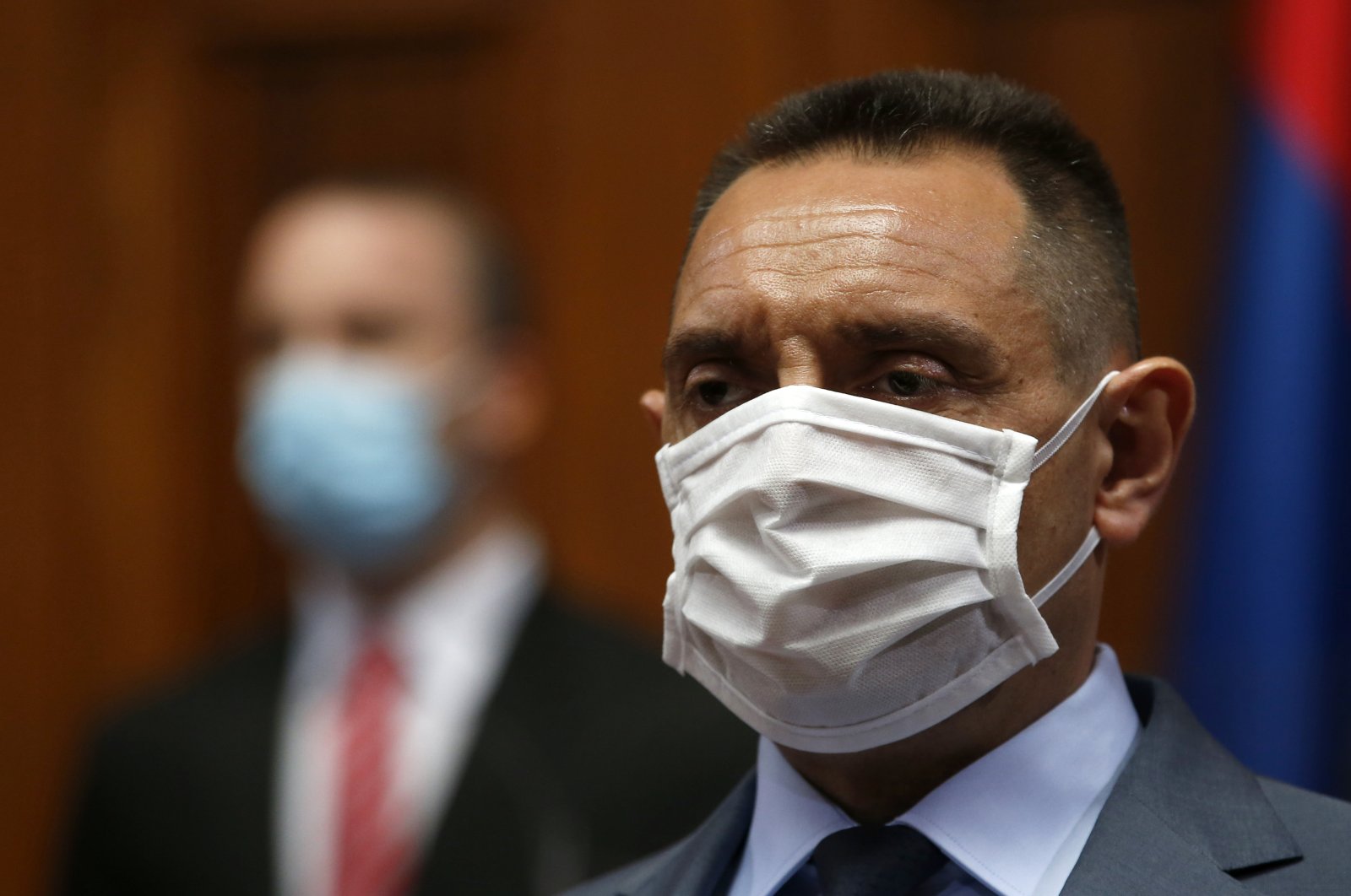 On April 28, 2020. file photo, Serbia Defense Minister Aleksandar Vulin wearing a mask to protect against coronavirus attends the session in Belgrade, Serbia. (AP Photo)
