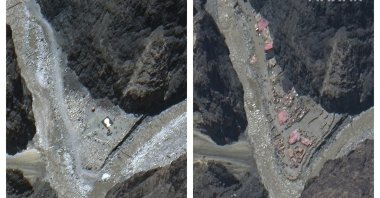 This combination of May 22, 2020, left, and June 23 satellite images provided by Maxar Technologies shows construction in the Galwan river valley near the disputed border known as the Line of Actual Control between India and China. (Maxar via AP)