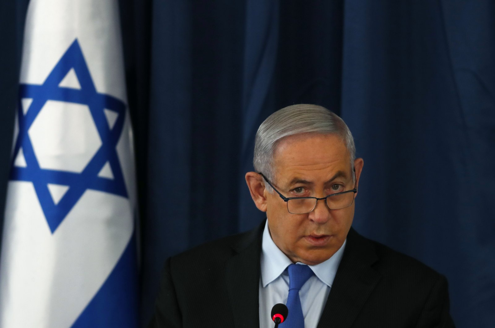 Israeli Prime Minister Benjamin Netanyahu holds the weekly cabinet meeting in Jerusalem, June 28, 2020. (AP Photo)