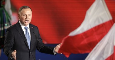 President Andrzej Duda addresses supporters after voting ended in the presidential election, Lowicz, June 28, 2020. (AP Photo)