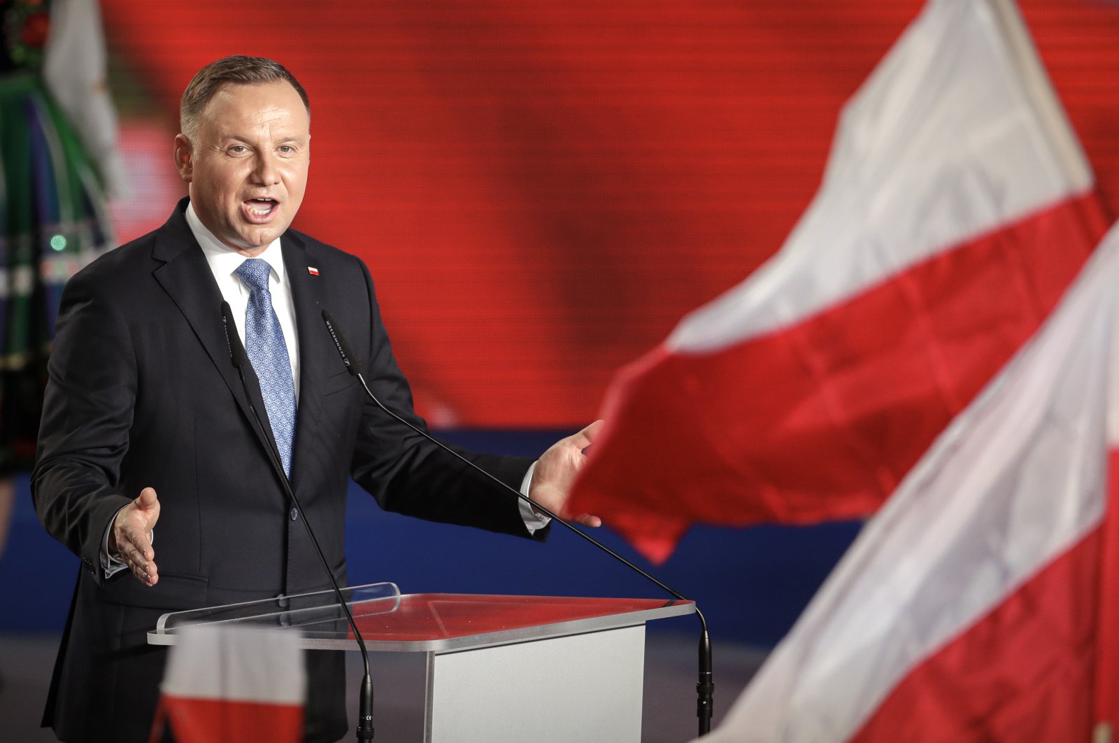 President Andrzej Duda addresses supporters after voting ended in the presidential election, Lowicz, June 28, 2020. (AP Photo)