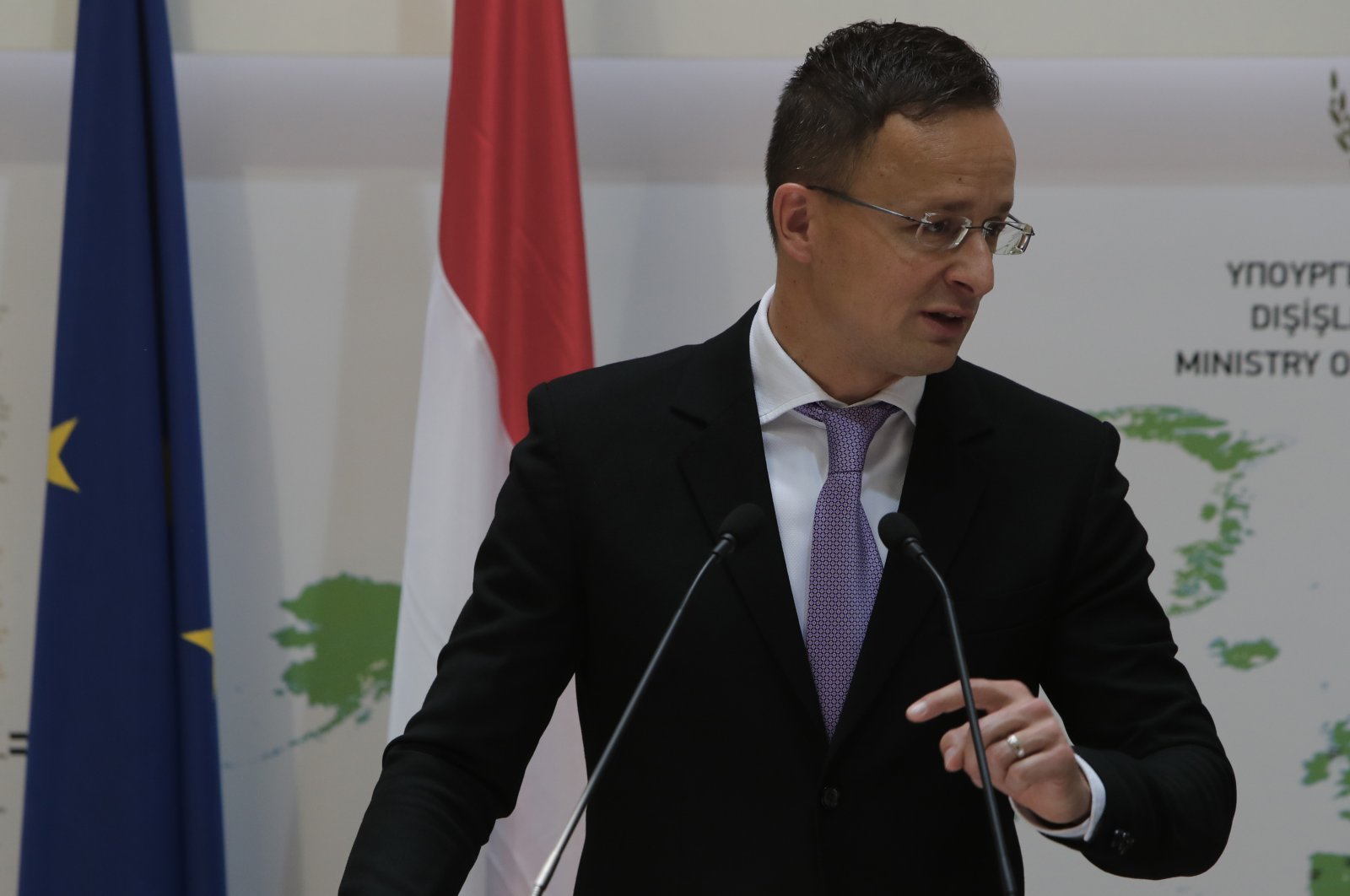 Hungarian Minister of Foreign Affairs and Trade Peter Szijjarto speaks during a news conference in Greek Cyprus, June 26, 2020. (AP Photo)