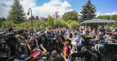 Erinç Sağkan, the Ankara bar head, is seen making a speech after a visit by bar leaders to Anıtkabir, the mausoleum of Turkey's founder Mustafa Kemal Atatürk, during a protest march against the proposed legislation, Ankara, Turkey, June 23, 2020. (AA Photo)