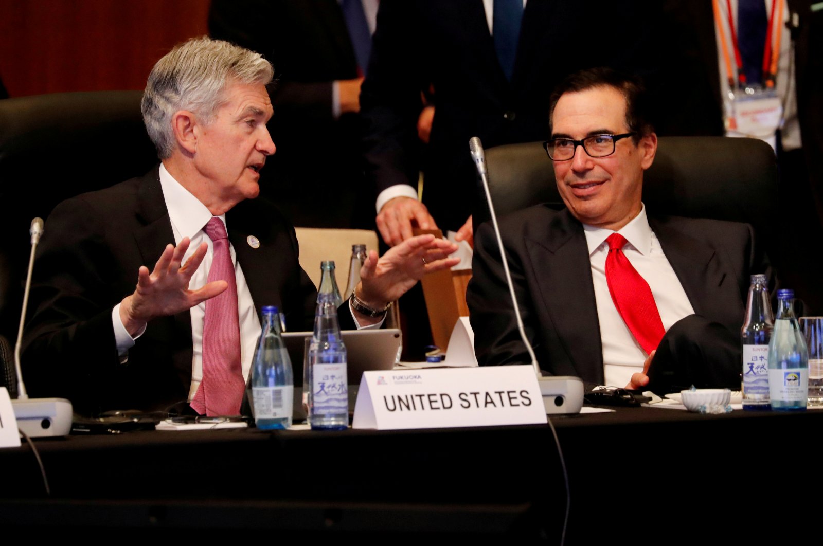 Federal Reserve Chairman Jerome Powell talks with U.S. Treasury Secretary Steven Mnuchin during the G-20 finance ministers and central bank governors meeting in Fukuoka, Japan June 8, 2019. (REUTERS Photo)