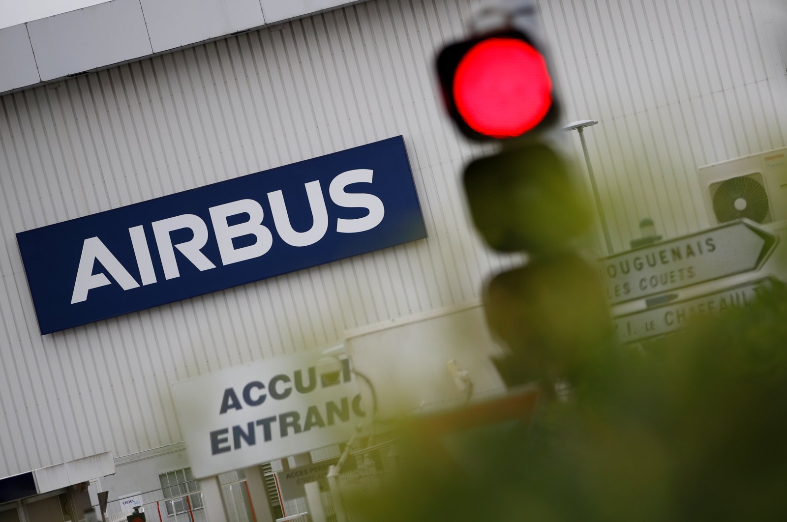 The logo of Airbus is pictured at the entrance of the Airbus facility in Bouguenais, near Nantes, France, June 30, 2020. (Reuters Photo)