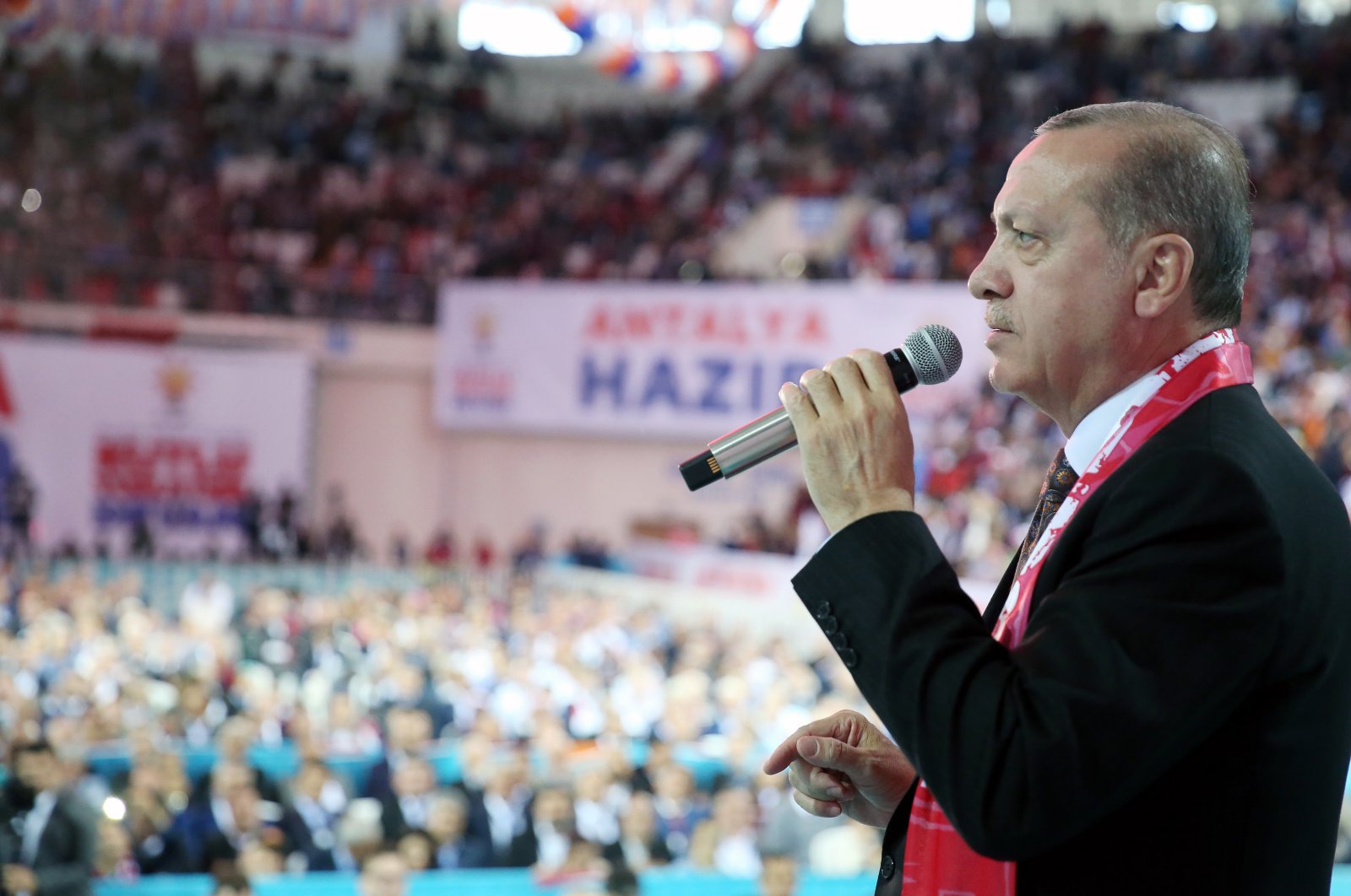 President Recep Tayyip Erdoğan speaks at the 6th Ordinary Convention in Antalya province, Turkey, March 3, 2018. (Presidential handout photo)
