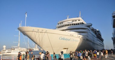 A cruise ship named "Celestyal Olympia" seen anchored at Kuşadası in western Turkey, Aug. 13, 2019. (AA Photo)