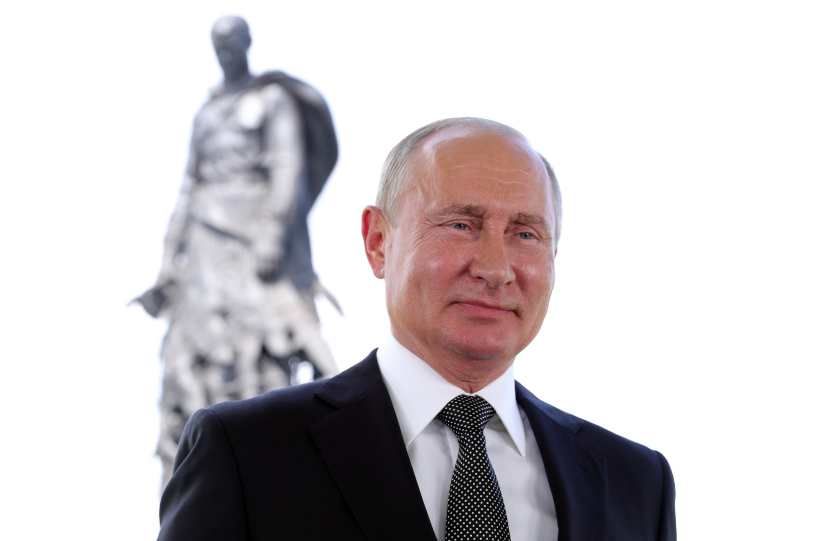 President Vladimir Putin appears in a televised address to the nation in Khoroshevo, the Tver region, with a monument to World War II Red Army soldiers seen in the background, Russia, Tuesday, June 30, 2020. (Kremlin Pool Photo via AP)