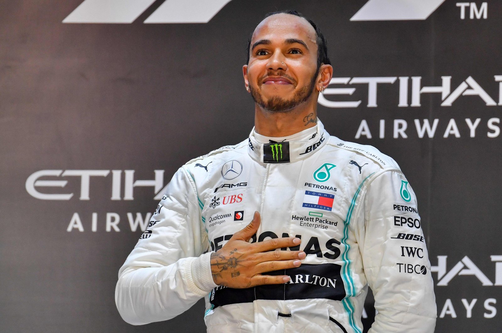 Lewis Hamilton celebrates his victory in Abu Dhabi, UAE, Dec. 1, 2019. (AFP Photo)