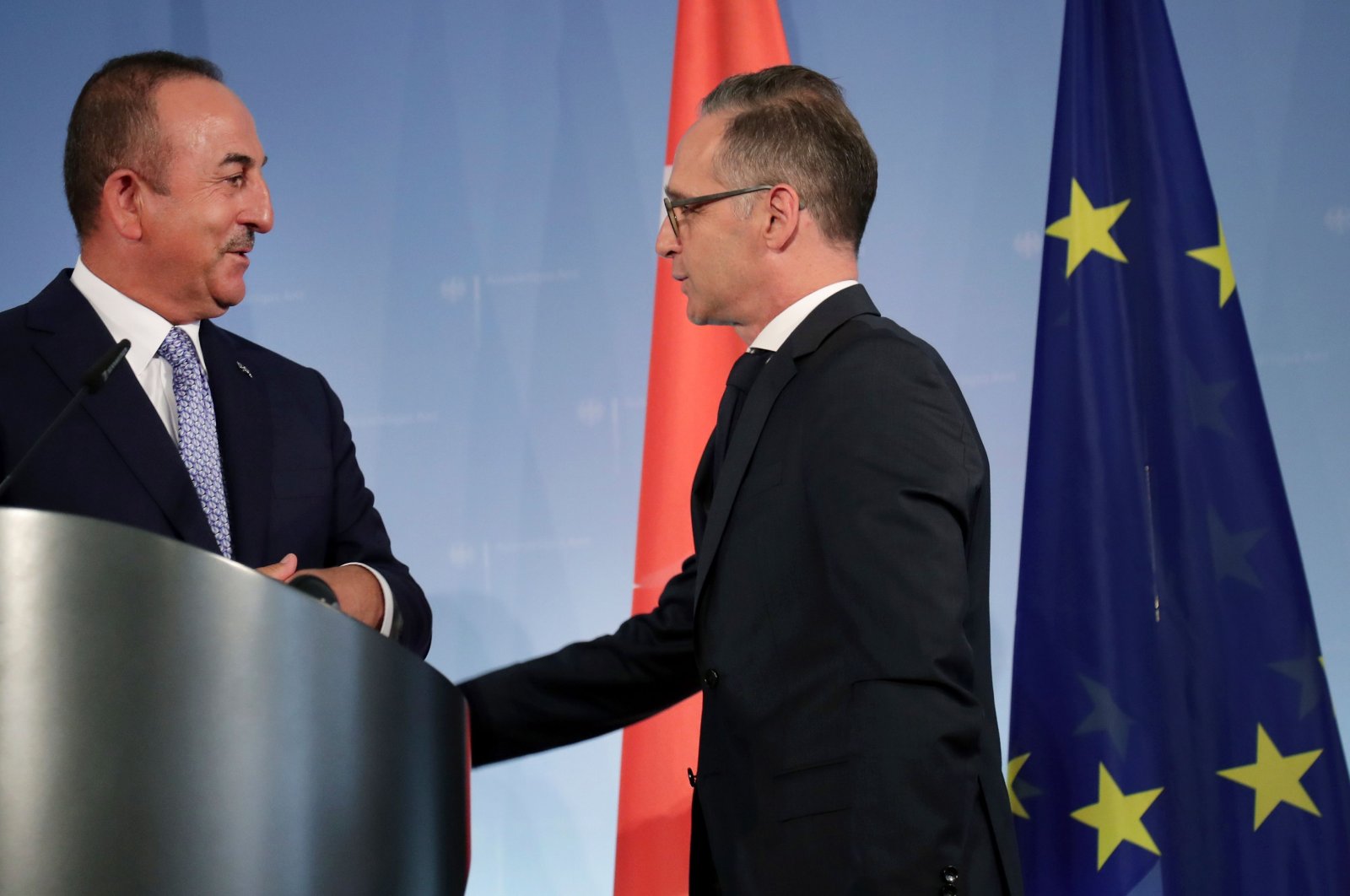 Foreign Minister Mevlüt Çavuşoğlu and his German counterpart Heiko Maas leave after a press conference in Berlin, July 2, 2020. (AFP Photo)