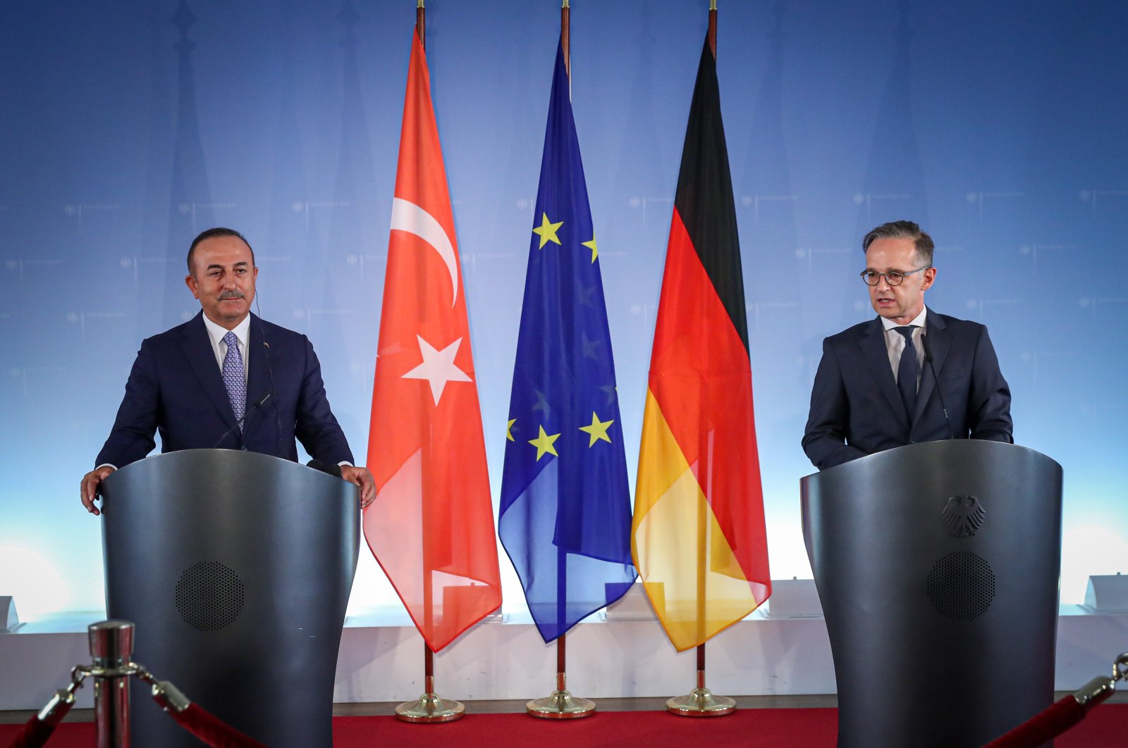 Foreign Minister Mevlüt Çavuşoğlu (L) and his German counterpart Heiko Maas during a joint press conference, Berlin, July 2, 2020. (AA Photo)