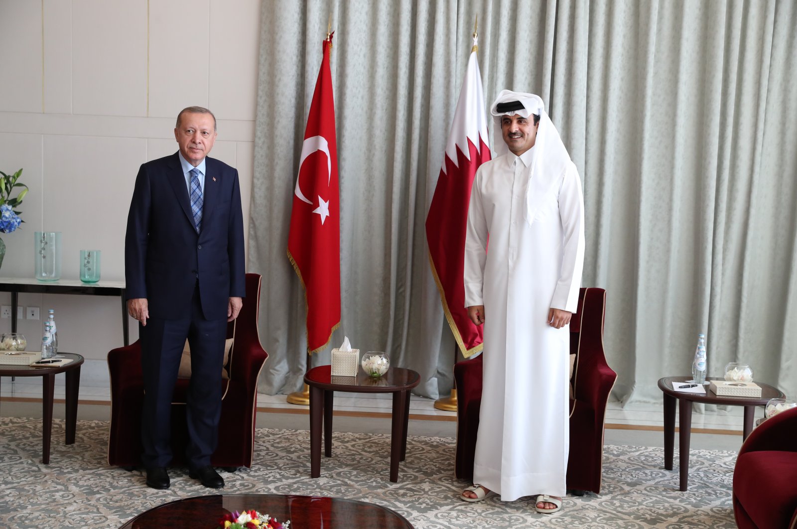 President Recep Tayyip Erdoğan meets with Qatar's Emir Sheikh Tamim bin Hamad Al Thani in Doha, Qatar, July 2, 2020. (AA Photo)