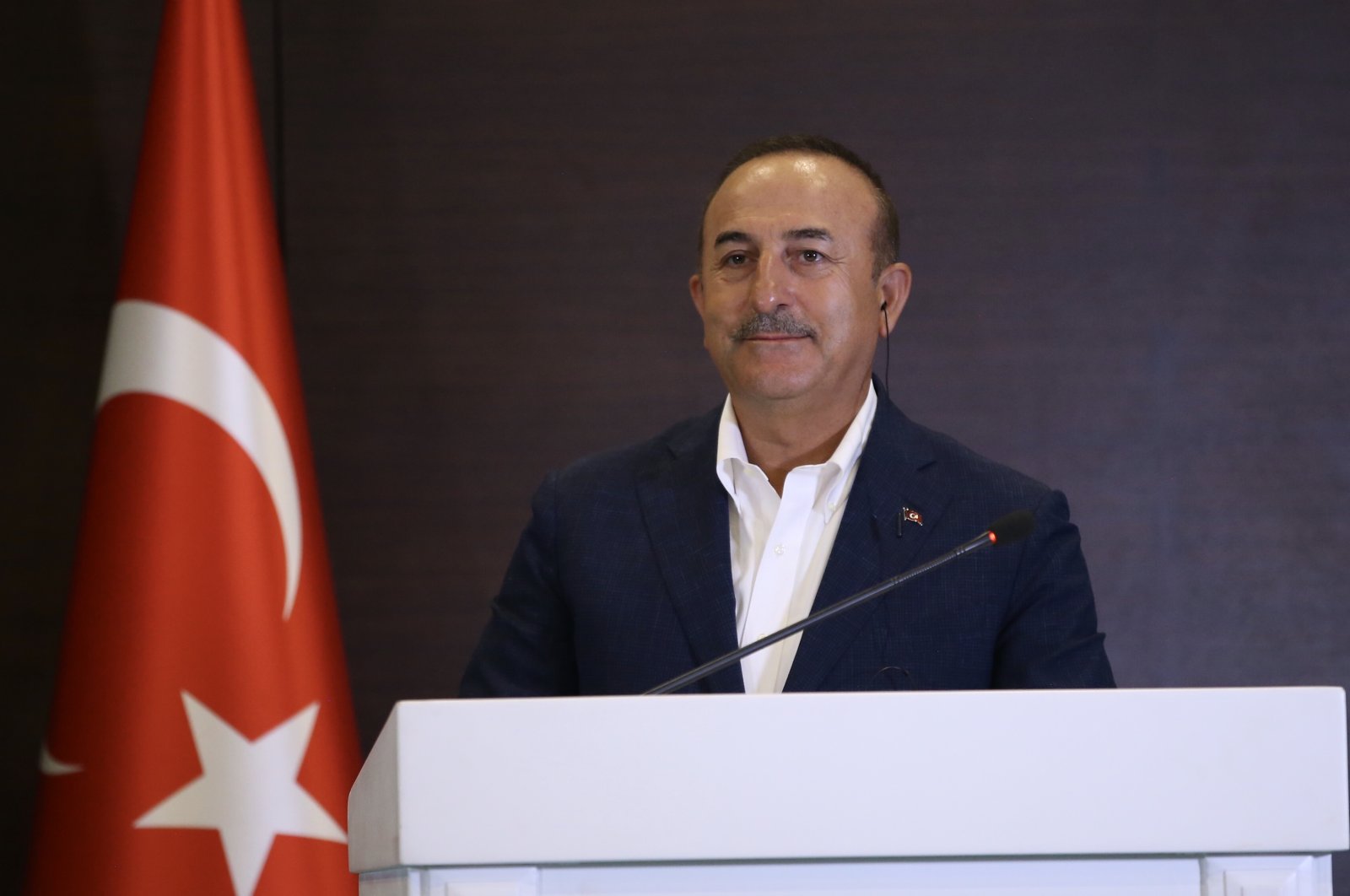 Turkish Foreign Minister Mevlüt Çavuşoğlu (pictured) and his Ukrainian counterpart Dmytro Kuleba (not pictured) during a joint news conference, Antalya, Turkey, July 3, 2020. (AA Photo)