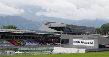 A banner reading "End Racism" is pictured at the pit building ahead the first practice session at the Austrian Formula One Grand Prix, in Spielberg, Austria, July 3, 2020. (AFP Photo)