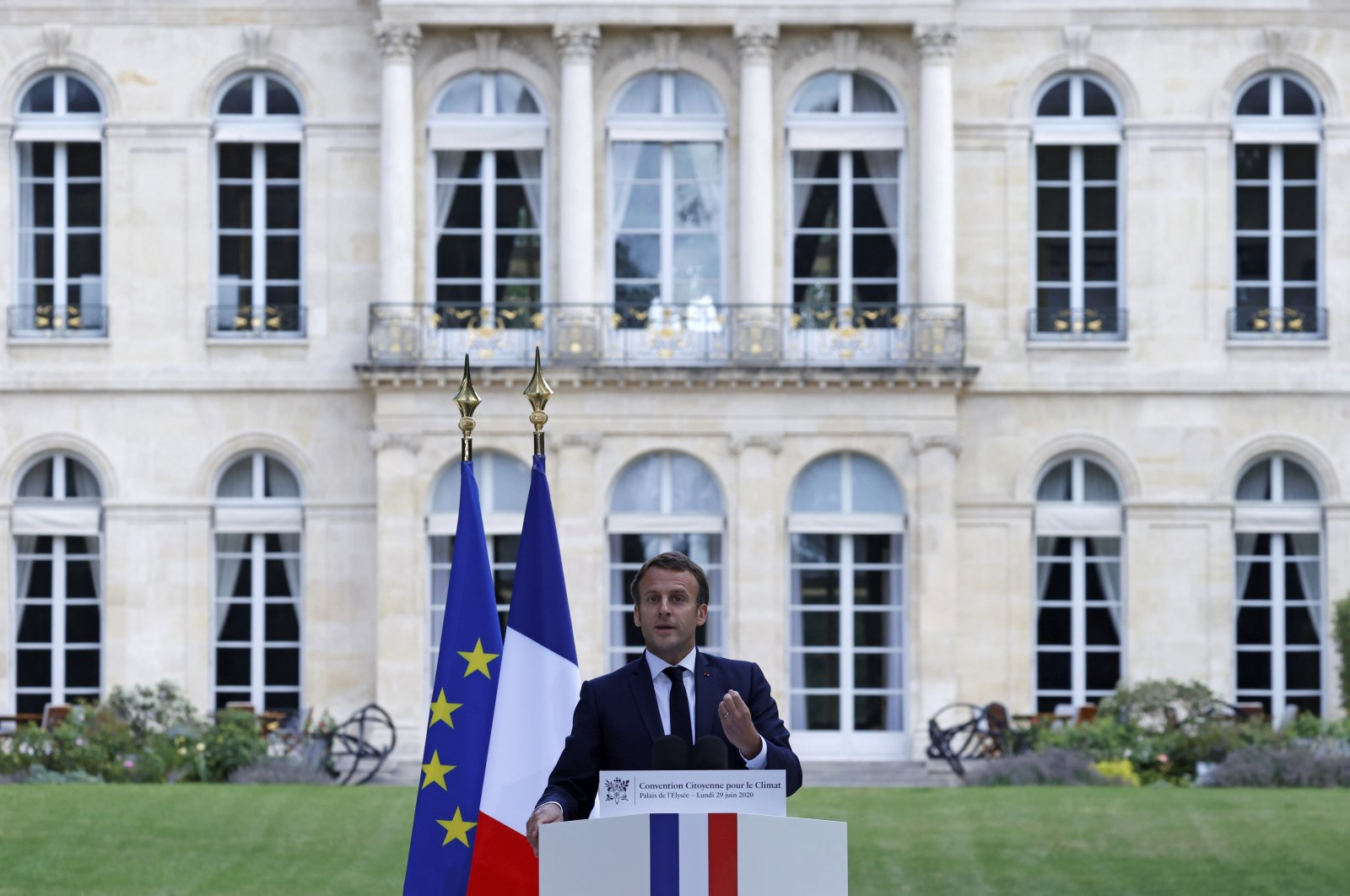 French President Emmanuel Macron delivers a speech at the Elysee Palace in Paris, June 29, 2020. (AP Photo)